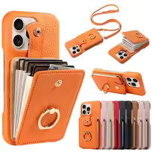 For IPhone 16 Pro Max 15 Pro Max 14 13 12 11 Pro Max 7 8Plus 16e PU Leather Phone Case with Ring Card Slots Anti-Fall Case