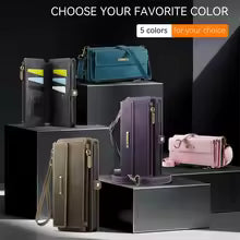 Retro Crossbody Zipper Purse Case for iPhone 17 Air 16 15 14 13 12 11 Pro Max XR XS PU Leather Vintage Card Slots Wallet Cover