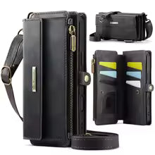 Retro Crossbody Zipper Purse Case for iPhone 17 Air 16 15 14 13 12 11 Pro Max XR XS PU Leather Vintage Card Slots Wallet Cover